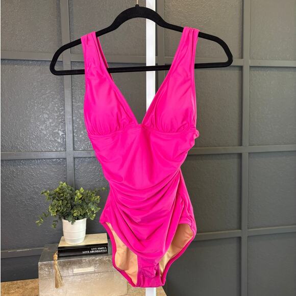 J Crew Womens 8 Pink Fuschia Ruched V-Neck Slimming One Piece Swimsuit NWT - Picture 4 of 6